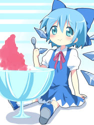 Rule 34 | 1girl, arm support, bad id, bad pixiv id, blue eyes, blue hair, blush, bow, cirno, eating, female focus, food, full body, hair bow, maruki (punchiki), matching hair/eyes, shaved ice, sitting, solo, embodiment of scarlet devil, touhou, wings