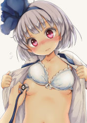 Rule 34 | 1girl, 3:, blue bra, blue ribbon, blush, bra, bra lift, breasts, chikado, commentary request, flying sweatdrops, hair ribbon, head tilt, konpaku youmu, looking at viewer, navel, open clothes, open shirt, polka dot, polka dot bra, red eyes, ribbon, shirt, short hair, silver hair, small breasts, solo focus, stethoscope, sweatdrop, touhou, underwear, upper body, wavy mouth, white shirt