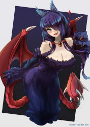 Rule 34 | 1girl, :d, animal ears, animal hands, bare shoulders, black hair, blush, breasts, claws, cleavage, demon wings, fang, hair over one eye, heart, large breasts, long hair, looking at viewer, manticore (monster girl encyclopedia), monster girl, monster girl encyclopedia, open mouth, prehensile tail, red eyes, red wings, reri (elh), smile, solo, sud (sudea), tail, wings