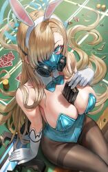Rule 34 | 1girl, animal ears, asuna (blue archive), asuna (bunny) (blue archive), blue archive, blue eyes, blue leotard, bow, bowtie, breasts, detached collar, fake animal ears, gloves, gun, hair between eyes, hair over one eye, highres, himonoata, large breasts, leotard, long hair, looking at viewer, magazine (weapon), official alternate costume, oxygen mask, pantyhose, playboy bunny, poker table, rabbit ears, solo, table, thighband pantyhose, weapon, white gloves