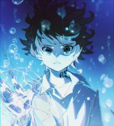 Rule 34 | 1girl, air bubble, broken glass, bubble, closed mouth, crack, emma (yakusoku no neverland), glass, grey eyes, hand up, highres, ke02152, long sleeves, looking at viewer, neck tattoo, number tattoo, shirt, short hair, simple background, solo, standing, tattoo, underwater, water, white shirt, yakusoku no neverland
