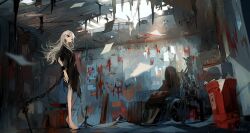 Rule 34 | 1girl, 1other, artist name, bad id, bad pixiv id, barefoot, black dress, chain, day, dress, indoors, legs, original, paper, papers, qtonagi, red eyes, sitting, standing, wheelchair, white hair, writing on wall