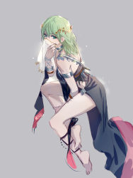 Rule 34 | 1girl, armlet, barefoot, black dress, byleth (female) (fire emblem), byleth (fire emblem), dancer, dancer (fire emblem: three houses), dress, fire emblem, fire emblem: three houses, from side, green eyes, green hair, grey background, highres, looking to the side, medium hair, nintendo, official alternate costume, simple background, solo, tang xinzi, veil