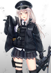 Rule 34 | 1girl, assault rifle, black hat, black jacket, black necktie, black skirt, blouse, blush, bulletproof vest, collared shirt, commentary, cowboy shot, cuffs, earrings, english text, gun, hair tie, half-closed eyes, handcuffs, hat, highres, holding, holding gun, holding weapon, jacket, jewelry, karo-chan, knee pads, long hair, long sleeves, looking at viewer, low-tied long hair, miniskirt, necktie, open clothes, open jacket, open mouth, opened by self, original, peaked cap, pleated skirt, police, police hat, pouch, radio, red eyes, rifle, scope, shirt, silver hair, single horizontal stripe, skirt, smile, solo, standing, star (symbol), star earrings, thigh pouch, weapon, weapon request, white shirt, wing collar