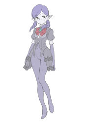 Rule 34 | 1girl, black eyes, bow, cleavage cutout, closed mouth, clothing cutout, colored skin, covered navel, cross, elbow gloves, eric ueda, frills, gem, gloves, green gemstone, grey skin, high heels, highres, mole, mole under eye, original, pointy ears, purple footwear, purple gloves, purple hair, purple legwear, red bow, sketch, solo