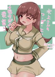 Rule 34 | 1girl, absurdres, text background, breasts, brown eyes, brown hair, character name, commentary, cowboy shot, grey sailor collar, grey shirt, grey skirt, highres, index finger raised, kantai collection, kitahama (siroimakeinu831), large breasts, long hair, looking at viewer, midriff, neckerchief, one eye closed, ooi (kancolle), sailor collar, shirt, skirt, solo, translation request, twitter username, white background, white neckerchief