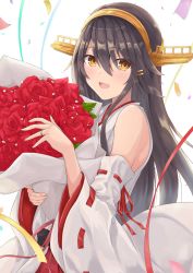 Rule 34 | 1girl, bare shoulders, black hair, blush, bouquet, detached sleeves, fingernails, flower, gensoukitan, hair between eyes, hair ornament, hairband, hairclip, haruna (kancolle), headgear, highres, holding, holding bouquet, japanese clothes, jewelry, kantai collection, long hair, looking at viewer, nontraditional miko, open mouth, pleated skirt, red flower, red rose, red skirt, ribbon-trimmed sleeves, ribbon trim, ring, rose, simple background, skirt, smile, solo, wedding band, white background, wide sleeves, yellow eyes