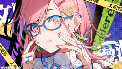 Rule 34 | 1girl, absurdres, blue-framed eyewear, chinese commentary, closed mouth, commentary request, glasses, hair ornament, hairclip, highres, jewelry, long hair, looking at viewer, nail, original, pink eyes, pink hair, portrait, ring, smile, solo, x hair ornament, yidie