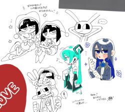 Rule 34 | 137syou, 1boy, 3girls, :/, adjusting clothes, adjusting gloves, anger vein, angry, annoyed, aqua eyes, aqua hair, aqua nails, aqua necktie, arms behind head, asphyxiation, black eyeshadow, black hair, blue eyes, blunt bangs, blunt ends, blush stickers, bodysuit, chibi, clenched teeth, collared shirt, constricted pupils, detached sleeves, eyeshadow, formal, gloves, grabbing another&#039;s ear, grey hair, grey sleeves, grey suit, greyscale, half-closed eyes, hand on another&#039;s ear, hand on own chest, hat, hat bell, hatsune miku, hugging own legs, jax (the amazing digital circus), jester, jester cap, jester costume, leg lock, leg up, long hair, lying, makeup, monochrome, multiple girls, music, necktie, number tattoo, on head, on side, person on head, pleated skirt, pomni (the amazing digital circus), profile, puffy short sleeves, puffy sleeves, scared, seductive smile, shirt, short hair, short sleeves, shoulder tattoo, singing, sitting, sketch, skirt, sleeveless, sleeveless shirt, smile, spot color, suit, tattoo, teeth, the amazing digital circus, trembling, very long hair, vocaloid, white gloves