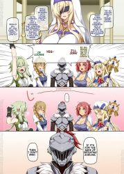 Rule 34 | 10s, 1boy, 5girls, arm up, armor, blindfold, blonde hair, blue eyes, blush, braid, breasts, cleavage, comic, cow girl (goblin slayer!), darkmaya, elf, goblin slayer!, green eyes, green hair, guild girl (goblin slayer!), high elf archer (goblin slayer!), large breasts, low twintails, multiple girls, open mouth, pointy ears, priestess (goblin slayer!), red eyes, red hair, speech bubble, staff, sword maiden, text focus, translated, twintails, veil