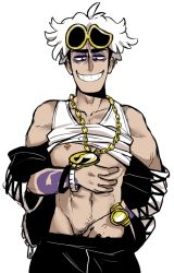 Rule 34 | 1boy, abs, bare shoulders, bracelet, brown eyes, chain, clothes lift, come hither, creatures (company), dark-skinned male, dark skin, eyewear on head, game freak, gold chain, grin, guzma (pokemon), hand in pants, jewelry, looking down, male focus, messy hair, nintendo, nipple piercing, nipple slip, nipples, off shoulder, pectorals, piercing, pokemon, pokemon sm, pubic hair, shirt lift, simple background, smile, solo, sunglasses, tank top, tattoo, team skull, tesazombie, thick eyebrows, watch, white background, white hair, wristwatch
