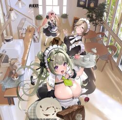 Rule 34 | 3girls, ade (nikke), ahoge, apron, black dress, black footwear, black shirt, black skirt, blonde hair, bow, braid, breasts, cake, chocolate, chocolate cake, cleavage, cocoa (nikke), collar, copyright name, cup, doll, door, dress, dropping, food, glasses, goddess of victory: nikke, green eyes, green hair, hair ornament, heart, highres, holding, holding tray, huge breasts, large breasts, long hair, long sleeves, maid, maid apron, maid headdress, medium hair, multiple girls, necktie, official art, one eye closed, orange eyes, petite, picture frame, pink hair, plant, plate, purple eyes, round table, second-party source, shirt, sidelocks, skirt, small breasts, smile, soda (nikke), stairs, strap, table, teapot, teeth, tray, twintails, v, white apron