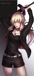 Rule 34 | 1girl, arm up, artoria pendragon (all), artoria pendragon (fate), belt, belt buckle, black jacket, black ribbon, black shirt, black shorts, blonde hair, breasts, buckle, character name, cleavage, collarbone, cowboy shot, fate/stay night, fate (series), floating hair, hair between eyes, hair ribbon, highres, holding, holding sword, holding weapon, jacket, jewelry, long hair, long sleeves, low ponytail, medium breasts, necklace, official alternate costume, open clothes, open jacket, open mouth, ponytail, re (re 09), red lips, ribbon, saber alter, saber alter (ver. shinjuku 1999) (fate), shirt, short shorts, shorts, solo, standing, sword, very long hair, weapon, white belt, yellow eyes
