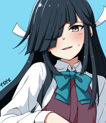 Rule 34 | 1girl, aqua bow, aqua bowtie, artist name, black hair, blue background, bow, bowtie, brown dress, brown eyes, collared shirt, dress, dress shirt, hair over one eye, halter dress, halterneck, hayashimo (kancolle), hime cut, kantai collection, long hair, looking at viewer, moti coi, one-hour drawing challenge, shirt, solo, very long hair, white shirt