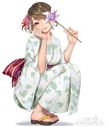 Rule 34 | 1girl, breasts, brown eyes, brown hair, closed mouth, collarbone, commentary request, earrings, fingernails, floral print, from side, full body, hair ornament, holding, japanese clothes, jewelry, kimono, lips, logo, looking at viewer, masami chie, medium breasts, obi, official art, pinwheel, sandals, sash, simple background, smile, solo, squatting, toes, tokyo exe girls, toy, white background, wide sleeves