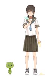 1girl asamoto braid female_focus food ice_cream original popsicle school_uniform shoes skirt sneakers solo twin_braids