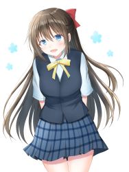 Rule 34 | 1girl, aqua eyes, aqua shirt, arm behind back, artist name, artist request, bare legs, black skirt, black vest, blue eyes, blue skirt, blush, bow, breasts, brown hair, buttons, checkered clothes, checkered skirt, collared shirt, female focus, hair between eyes, hair bow, highres, long hair, looking at viewer, love live!, love live! nijigasaki high school idol club, medium breasts, miniskirt, nijigasaki academy school uniform, osaka shizuku, parted lips, plaid, plaid skirt, pleated, pleated skirt, ponytail, red bow, ribbon, school uniform, shirt, short sleeves, skirt, small breasts, smile, solo, sweater vest, vest, white background, white shirt, yellow buttons, yellow neckwear, yellow ribbon