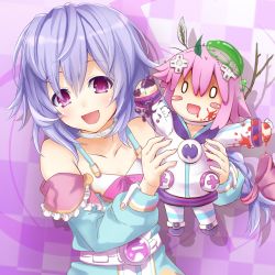Rule 34 | 10s, 1girl, :d, anti (untea9), bare shoulders, blush stickers, bow, braid, character doll, collar, d-pad, female focus, flat chest, hair bow, hair ornament, happy, holding, kami jigen game neptune v, light purple hair, long hair, looking at viewer, neptune (neptunia), neptune (series), o o, open mouth, purple eyes, purple hair, pururut, slime (substance), smile, solo