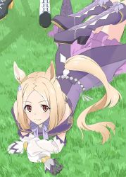 Rule 34 | 1girl, 1other, animal ears, asymmetrical gloves, bare shoulders, black gloves, blonde hair, boots, closed mouth, detached sleeves, dress, gloves, grass, high heel boots, high heels, horse ears, horse girl, horse tail, looking at viewer, lying, mismatched gloves, narita top road (umamusume), off-shoulder dress, off shoulder, on stomach, orange eyes, out of frame, purple dress, purple legwear, shadow, smile, solo focus, tail, umamusume, white gloves, yokkest