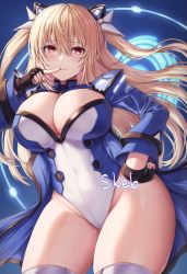 Rule 34 | 1girl, black gloves, blonde hair, blue coat, borrowed character, breasts, buran (22x), cleavage, coat, commission, contrapposto, cowboy shot, finger to mouth, fingerless gloves, gloves, groin, hair ornament, hand on own hip, highleg, highleg leotard, highres, juliet sleeves, large breasts, leotard, long hair, long sleeves, looking at viewer, open clothes, open coat, original, pointy ears, puffy sleeves, red eyes, sidelocks, skeb commission, smile, solo, standing, thighhighs, thighs, two side up, white leotard, white thighhighs