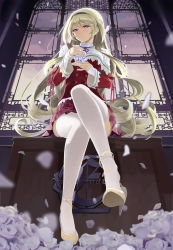 Rule 34 | 1girl, absurdres, blonde hair, blue eyes, crossed legs, cup, from below, hairband, high heels, highres, holding, long hair, looking at viewer, okingjo, open mouth, original, petals, pleated skirt, purple eyes, saucer, school uniform, shoe dangle, shoes, sitting, skirt, solo, stiletto heels, teacup, thighhighs, very long hair, white thighhighs, window, zettai ryouiki