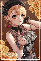 Rule 34 | 1girl, :3, arm up, armlet, beads, belt, black dress, black flower, black headwear, black rose, blonde hair, blush, border, bracer, braid, brown background, character name, cleavage, closed mouth, collared dress, commentary request, dress, earrings, feathers, fingernails, flower, glint, gradient background, green eyes, hair flower, hair ornament, idolmaster, idolmaster cinderella girls, jewelry, lace, long fingernails, looking at viewer, miyamoto frederica, nail polish, pink nails, plaid, plaid dress, red lips, ring, rose, scrunchie, see-through, see-through cleavage, short hair, sleeveless, sleeveless dress, smile, tacco (tikeworld), tassel, tassel earrings, upper body, white border, wrist scrunchie, yellow flower, yellow rose