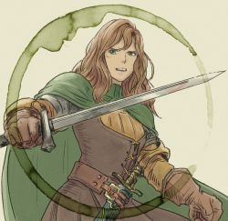 Rule 34 | 1girl, beige background, belt, brown hair, cloak, film grain, final fantasy, final fantasy tactics, gloves, green cloak, green eyes, holding, holding weapon, long hair, milleuda folles, open mouth, painting (medium), scabbard, sheath, sheathed, simple background, solo, sword, teeth, traditional media, turtleneck, upper teeth only, watercolor (medium), weapon, windcaller