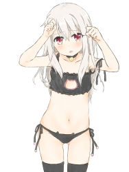 Rule 34 | 1girl, bare shoulders, bell, black bra, black panties, black thighhighs, blush, bra, breasts, cat cutout, cat ear panties, cat lingerie, choker, cleavage cutout, clothing cutout, collarbone, derivative work, fate/kaleid liner prisma illya, fate (series), frilled bra, frills, hair between eyes, hands up, highres, illyasviel von einzbern, jingle bell, kyouta (02squadstars), long hair, looking at viewer, meme attire, navel, neck bell, open mouth, panties, red eyes, side-tie panties, simple background, small breasts, solo, thighhighs, underwear, underwear only, white background, white hair