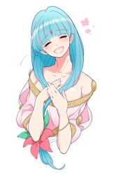 Rule 34 | 1girl, ^ ^, bad id, bad pixiv id, bare shoulders, blue hair, blush, breasts, cleavage, closed eyes, dalc rose, flower, front ponytail, hair flower, hair ornament, long hair, magi the labyrinth of magic, open mouth, simple background, solo, white background, yamuraiha