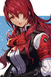 Rule 34 | 1girl, armband, black gloves, black vest, breasts, close-up, collared shirt, eyes visible through hair, gloves, hair between eyes, hungry clicker, kirijou mitsuru, large breasts, long hair, looking at viewer, looking to the side, open clothes, open vest, persona, persona 3, persona 3 reload, red armband, red eyes, red hair, red ribbon, ribbon, shirt, solo, upper body, vest, white shirt