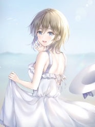 Rule 34 | 1girl, :d, back, bare arms, bare shoulders, bird, blue eyes, blue sky, blush, breasts, brown hair, commentary request, cuna (qunya), day, dress, frilled dress, frills, from behind, hand up, hat, highres, horizon, lens flare, looking at viewer, looking back, medium breasts, ocean, open mouth, original, outdoors, short hair, skirt hold, sky, sleeveless, sleeveless dress, smile, solo, unworn hat, unworn headwear, water, white dress, white hat