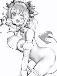 Rule 34 | 1girl, :d, bad id, bad pixiv id, blush, bouncing breasts, bow, bowtie, breasts, demon girl, demon horns, demon tail, detached sleeves, greyscale, heart, highres, honey strap, horns, large breasts, leaning forward, legband, looking at viewer, monochrome, nanashi (nlo), nanashi inc., navel, nipples, nude, one eye closed, open mouth, puffy detached sleeves, puffy short sleeves, puffy sleeves, short sleeves, simple background, smile, solo, suou patra, tail, v, virtual youtuber, white background, wristband