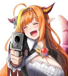 Rule 34 | 1girl, :d, absurdres, ahoge, aiming, aiming at viewer, bad id, bad pixiv id, blonde hair, blush, bow, breasts, cleavage, diagonal bangs, dragon horns, dragon tail, dvdraw, emblem, fangs, gun, hairband, handgun, highres, holding, holding gun, holding weapon, hololive, horn bow, horn ornament, horns, huge filesize, kiryu coco, kiryu coco (1st costume), large breasts, long hair, multicolored hair, open mouth, orange hair, pointy ears, simple background, smile, solo, tail, virtual youtuber, weapon, white background