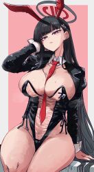 Rule 34 | 1girl, absurdres, animal ears, black hair, blue archive, blunt bangs, breasts, bunny day, cleavage, fake animal ears, hair ornament, hairclip, highres, ishijimajirou, large breasts, leotard, long hair, long sleeves, looking at viewer, mole, mole on breast, necktie, playboy bunny, puffy long sleeves, puffy sleeves, red eyes, red necktie, rio (blue archive), sitting, solo, sweat, thighs