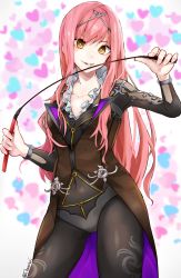 Rule 34 | 1girl, black pantyhose, cnoc na riabh (fate), collar, commentary request, fate/grand order, fate (series), flower, frilled collar, frills, heart, highres, holding, holding riding crop, long hair, looking at viewer, medb (fate), navel, panties, pantyhose, pink hair, riding crop, s harutosi, smile, solo, tiara, underwear, white background, white panties, yellow eyes
