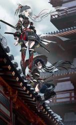 Rule 34 | 2girls, architecture, armor, black hair, breasts, castle, cloud, cloudy sky, day, detached sleeves, east asian architecture, hair ornament, hat, japanese clothes, katana, leg armor, long hair, looking at viewer, miniskirt, multiple girls, multiple swords, original, outdoors, red eyes, scabbard, scenery, sheath, sheathed, shoulder armor, silver hair, sitting, skirt, sky, standing, swav, sword, weapon, yellow eyes
