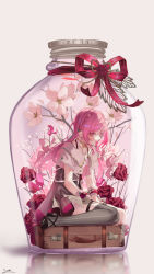 Rule 34 | 1girl, black footwear, commentary request, cropped jacket, flower, grey background, grey skirt, grey thighhighs, highres, jacket, long hair, looking at viewer, off-shoulder jacket, off shoulder, original, parted lips, pink hair, pleated skirt, red eyes, red flower, red rose, reflection, rose, saraki, shoes, single thighhigh, sitting, skirt, solo, striped clothes, striped thighhighs, suitcase, thighhighs, vertical-striped clothes, vertical-striped thighhighs, very long hair, wariza, white flower, white jacket, white rose