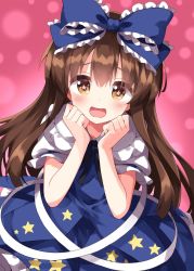 Rule 34 | 1girl, blue bow, blue dress, bow, brown eyes, brown hair, collared shirt, commentary request, dress, fairy, fairy wings, frilled bow, frills, hair bow, highres, long hair, one-hour drawing challenge, open mouth, pinafore dress, puffy short sleeves, puffy sleeves, ruu (tksymkw), shirt, short sleeves, sleeveless dress, solo, star-shaped pupils, star (symbol), star print, star sapphire, symbol-shaped pupils, touhou, very long hair, white shirt, wings
