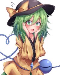 Rule 34 | 1girl, absurdres, black hat, blouse, blush, bow, buttons, collarbone, cowboy shot, diamond button, eyeball, frilled shirt collar, frilled sleeves, frills, green eyes, green hair, green nails, green skirt, hair between eyes, hands on own cheeks, hands on own face, hat, hat bow, hat ribbon, heart, heart of string, highres, komeiji koishi, long sleeves, looking at viewer, looking to the side, medium hair, open mouth, revision, ribbon, shirt, siw0n, skirt, smile, solo, textless version, third eye, touhou, wide sleeves, yellow bow, yellow ribbon, yellow shirt