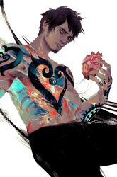 Rule 34 | 1boy, arm tattoo, black hair, black pants, chest tattoo, earrings, facial hair, finger tattoo, goatee, hand tattoo, heart, heart tattoo, highres, holding, holding heart, holding organ, jewelry, looking down, male focus, one piece, pants, ribs, short hair, sideburns, solo, tattoo, topless male, trafalgar law, voidfvng, white background