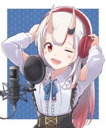 Rule 34 | 1girl, ;d, absurdres, arms up, black skirt, blue background, blue bow, blush, bow, center frills, clothing cutout, collared shirt, commentary request, fang, floral background, frills, gradient hair, hands on headphones, headphones, highres, hilamaru, hololive, horns, long hair, long sleeves, looking at viewer, microphone, multicolored hair, nakiri ayame, nakiri ayame (girly), one eye closed, oni, open mouth, red eyes, red hair, shirt, shoulder cutout, skin-covered horns, skirt, smile, solo, streaked hair, suspender skirt, suspenders, two-tone background, very long hair, virtual youtuber, white background, white hair, white shirt