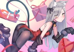 Rule 34 | 1girl, :3, animal ears, animal hands, ass, bad id, bad pixiv id, bare shoulders, bell, black pantyhose, blush, box, cat ears, cat tail, collar, elbow gloves, garter straps, gift, gift box, gloves, grey hair, hair over one eye, long hair, looking at viewer, neck bell, original, pantyhose, paw gloves, ryuinu, solo, tail, thighhighs, thighhighs over pantyhose, yellow eyes