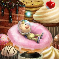Rule 34 | 1boy, alien, arms behind head, backpack, bag, big nose, blonde hair, blue background, blue light, blue trim, buttons, cake, cherry, chocolate, closed eyes, closed mouth, cookie, cortoony, doughnut, english text, food, fruit, helmet, highres, louie (pikmin), lying, male focus, on back, pikmin (series), pointy ears, radio antenna, short hair, smile, space helmet, spacesuit, very short hair