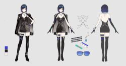 Rule 34 | 1girl, aqua eyes, asymmetrical gloves, asymmetrical hair, bare back, bare shoulders, black choker, black coat, black dress, black footwear, black gloves, black straps, blue-framed eyewear, blue hair, boots, breasts, character sheet, choker, coat, dress, elbow gloves, eyewear on head, from behind, genshin impact, gloves, highres, jewelry, looking at viewer, medium breasts, mole, mole on breast, multiple views, necklace, pearl necklace, purple hair, short hair, simple background, sleeveless, sleeveless dress, smile, standing, thigh boots, thigh strap, to e, yelan (genshin impact)