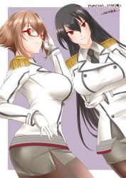 Rule 34 | 2girls, artist name, black hair, black neckwear, brown hair, brown legwear, collared shirt, commentary request, cosplay, crossed arms, dated, double-breasted, epaulettes, glasses, gloves, grey skirt, highres, jacket, kantai collection, katori (kancolle) (cosplay), katori (kancolle), kiriki haruomi, long hair, looking at viewer, military, military uniform, multiple girls, mutsu (kancolle), nagato (kancolle), necktie, pantyhose, pencil skirt, red-framed eyewear, red eyes, riding crop, shirt, short hair, signature, skirt, uniform, white gloves