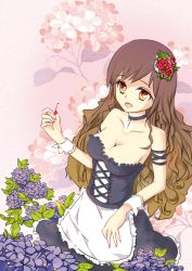 Rule 34 | 1girl, alternate costume, apron, bare shoulders, breasts, cherry, cleavage, female focus, flower, food, fruit, fuyuko, gradient hair, hair ornament, hijiri byakuren, holding, holding food, holding fruit, hydrangea, long hair, maid, maid apron, multicolored hair, rose, solo, touhou, yellow eyes