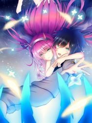 Rule 34 | 10s, 1boy, 1girl, absurdres, arms around neck, black hair, coat, commentary request, couple, darling in the franxx, floating, floating clothes, floating hair, flower, green eyes, hair ornament, hairband, hand on another&#039;s face, hetero, highres, hiro (darling in the franxx), horns, hug, jacket, jacket on shoulders, long coat, long hair, long sleeves, looking at viewer, military, military uniform, myudo-0323, night, night sky, no pants, oni horns, pink hair, red horns, short hair, sky, star (sky), star (symbol), starry sky, uniform, white coat, white hairband, zero two (darling in the franxx)