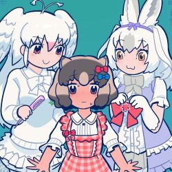 Rule 34 | 3girls, :3, animal ears, bird wings, blue bow, blush, bow, bowtie, brown eyes, brown hair, center frills, collared shirt, comb, common wombat (kemono friends), dress, embarrassed, frilled dress, frilled sleeves, frills, fur collar, gloves, hair bow, head wings, height difference, highres, inada roku, kemono friends, kemono friends 3, light brown hair, long hair, long sleeves, multicolored hair, multiple girls, official alternate costume, orange eyes, plaid, plaid dress, pleated skirt, purple bow, purple dress, rabbit ears, rabbit girl, red bow, red dress, red hair, shirt, short hair, short sleeves, skirt, snowshoe hare (kemono friends), sweatdrop, sweater, two-tone hair, white bow, white bowtie, white fur, white gloves, white hair, white peafowl (kemono friends), white skirt, white sweater, wings