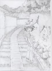 Rule 34 | 00s, 1girl, graphite (medium), greyscale, kurihara nagisa, looking back, monochrome, nasubino, sketch, sketchbook full colors, solo, stairs, traditional media
