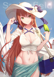 Rule 34 | 1girl, absurdres, beach, bikini, bird, blue sky, blush, breasts, brown hair, character name, cleavage, closed mouth, cloud, cooler, cowboy shot, day, unworn eyewear, female focus, food, girls&#039; frontline, gluteal fold, green eyes, groin, hair between eyes, hat, head tilt, highres, holding, holding food, holding removed eyewear, large breasts, light particles, lighthouse, long hair, looking at viewer, navel, no panties, ocean, official alternate costume, outdoors, popsicle, pussy, ribbon, sand, sarong, see-through, shirt, sidelocks, skindentation, sky, smile, solo, springfield (girls&#039; frontline), springfield (stirring mermaid) (girls&#039; frontline), stomach, summer, sun hat, swimsuit, thighs, tied shirt, very long hair, weapon bag, white shirt, wind, wind lift, yan mian